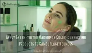 apply green-tinted makeup or color-correcting products to camouflage redness