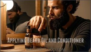 applying beard oil and conditioner