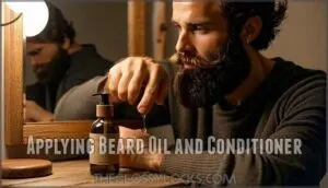 applying beard oil and conditioner
