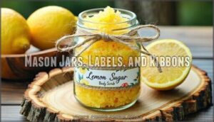 mason jars, labels, and ribbons