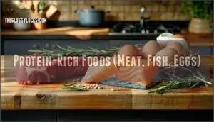 protein-rich foods (meat, fish, eggs)