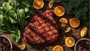 iron-boosting foods: leafy greens and red meat