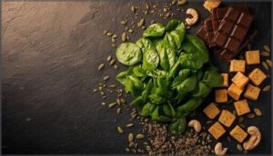 spinach, dark chocolate, and other plant sources spinach, dark chocolate, and other plant sources