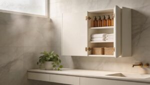 add wall-mounted cabinets for concealed bathroom storage add wall-mounted cabinets for concealed bathroom storage