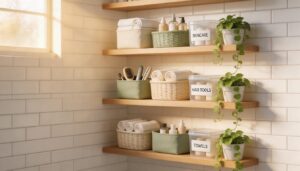 combine open shelves with baskets and labeled containers combine open shelves with baskets and labeled containers