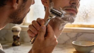 holding the razor at the correct angle and pressure holding the razor at the correct angle and pressure