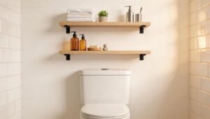 install floating shelves above the toilet and vanity install floating shelves above the toilet and vanity