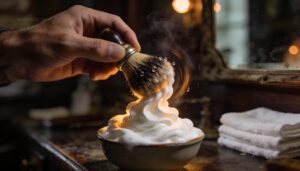 lather shaving cream with a brush using circular motions lather shaving cream with a brush using circular motions