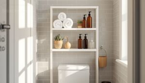 use vertical shelves above the toilet use vertical shelves above the toilet