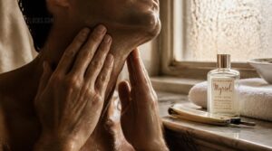 patting aftershave on face and neck patting aftershave on face and neck
