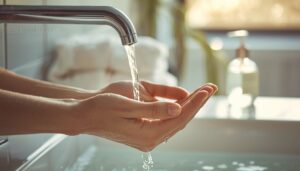 wash hands and dampen skin wash hands and dampen skin