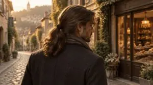 chocolat’s loose, tied-back hair chocolat’s loose, tied-back hair